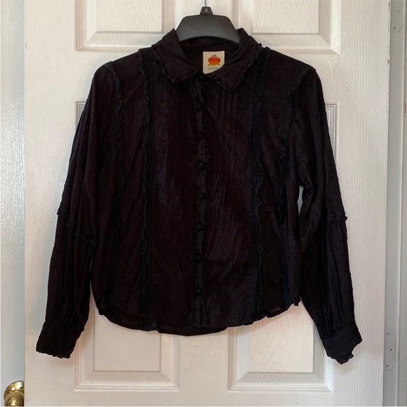 FARM Rio Tops - FARM RIO Black Swiss Dot Lace Peasant Victorian Blouse